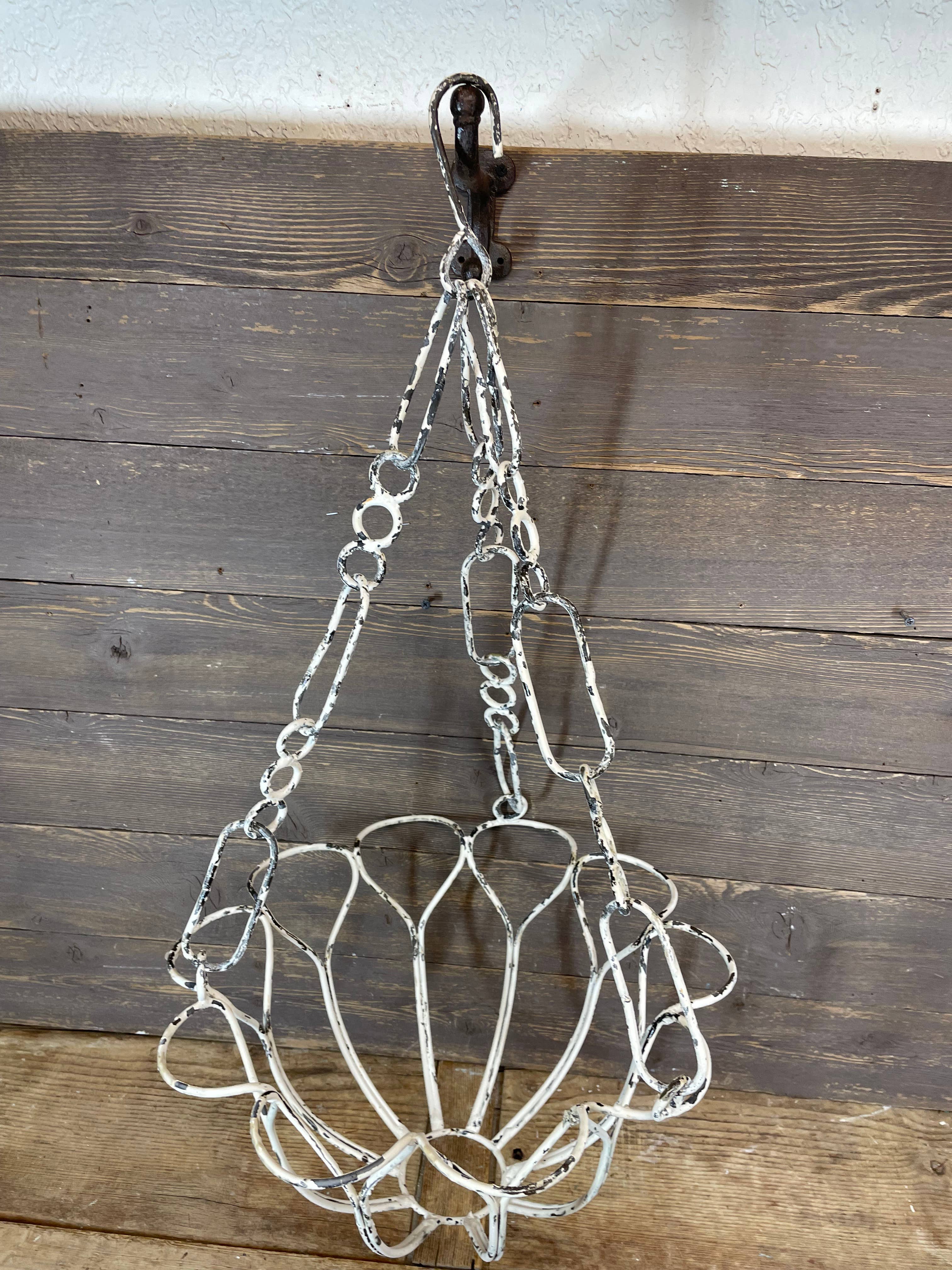 Handcrafted Aged White Metal Hanging Planter Basket